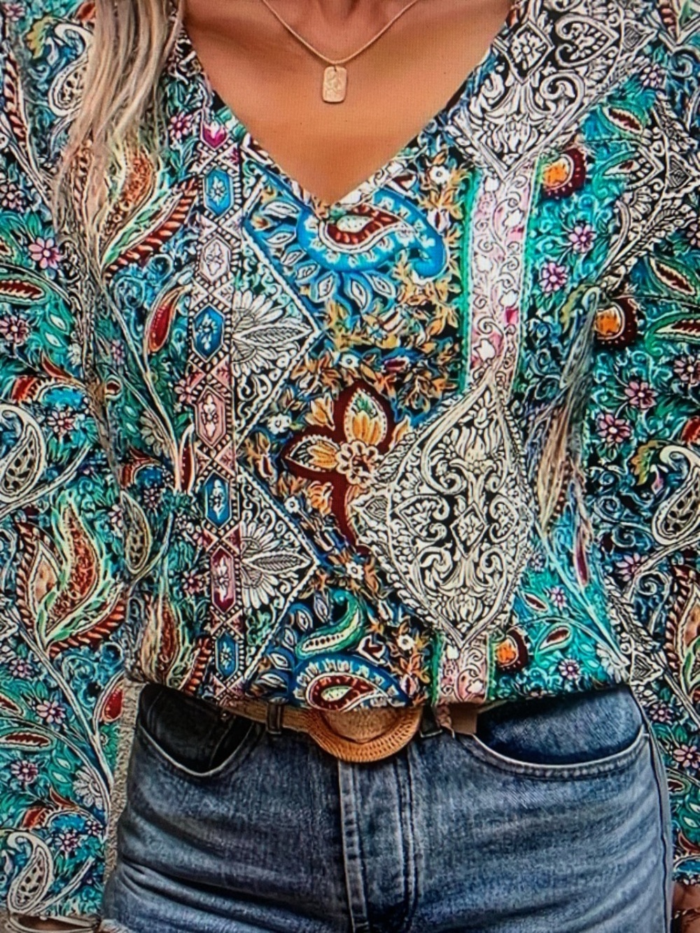 Boho V-Neck Paisley Print Women's Top - Teal Multi - Picture 4 of 4
